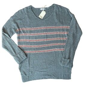 JODIFL Sweater Blue Red Stripe V Neck Knit Long Sleeve Women Size S